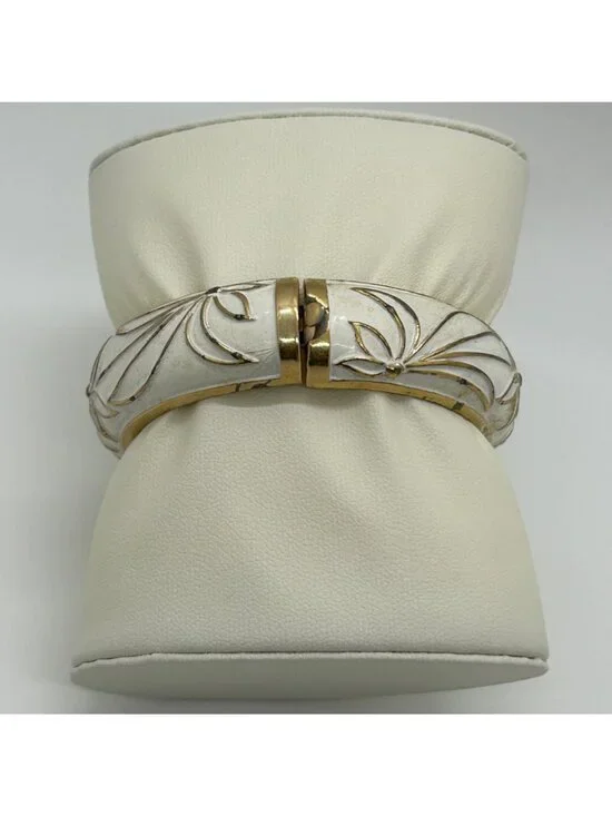 Vintage White Enamel Gold Tone Floral Hinged Bangle Clamper Bracelet Retro Flowe - Picture 5 of 12